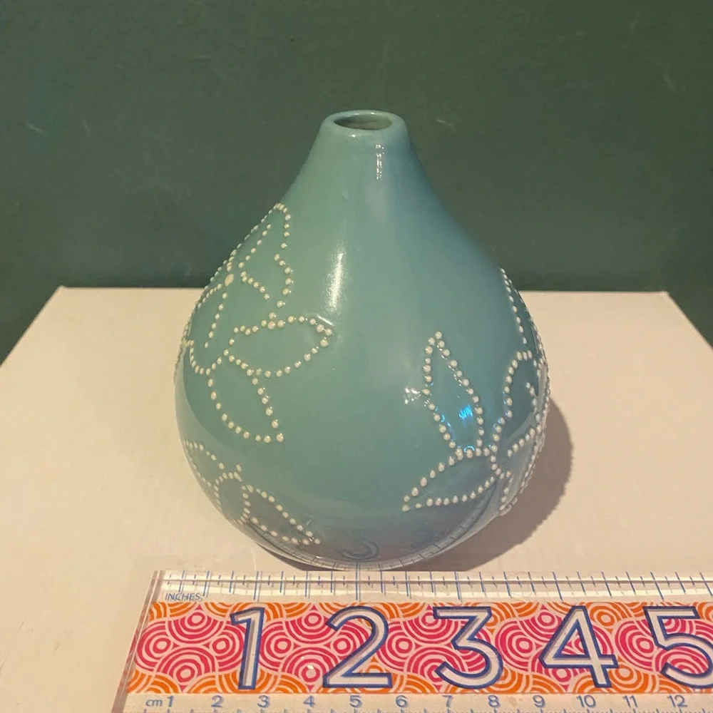 Crate & Barrel Turquoise Vase with Dot Flower Design
